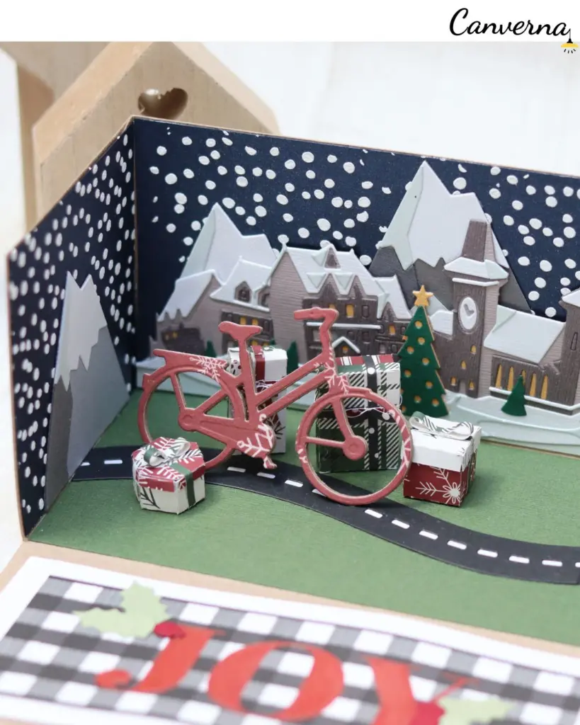 Explosion box handmade natale con luci LED e scenetta tridimensionale cardmaking